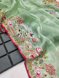 Saree For Women Heavy Jimmy Choo fabric multi embroidery threads,coding and sequence $ fancy cutwork in work with piping border (Beige) - Pista, Free Size