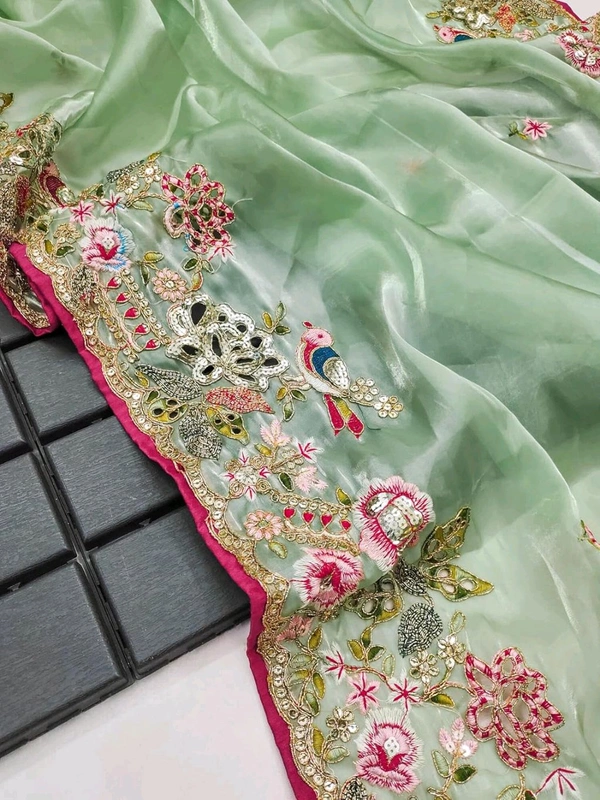 Saree For Women Heavy Jimmy Choo fabric multi embroidery threads,coding and sequence $ fancy cutwork in work with piping border (Beige) - Pista, Free Size