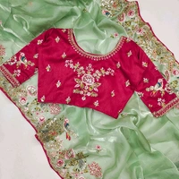 Saree For Women Heavy Jimmy Choo fabric multi embroidery threads,coding and sequence $ fancy cutwork in work with piping border (Beige) - Pista, Free Size