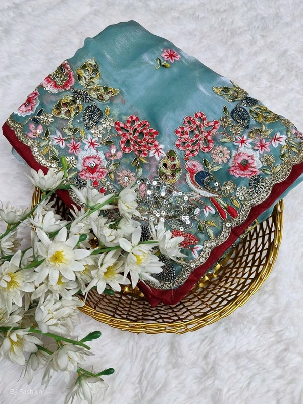 Saree For Women Heavy Jimmy Choo fabric multi embroidery threads,coding and sequence $ fancy cutwork in work with piping border (Beige) - Sky Blue, Free Size