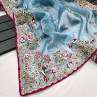 Saree For Women Heavy Jimmy Choo fabric multi embroidery threads,coding and sequence $ fancy cutwork in work with piping border (Beige) - Sky Blue, Free Size