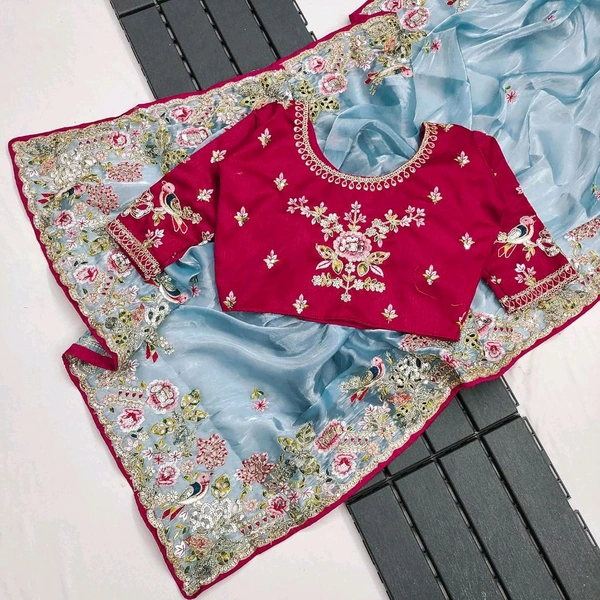 Saree For Women Heavy Jimmy Choo fabric multi embroidery threads,coding and sequence $ fancy cutwork in work with piping border (Beige) - Sky Blue, Free Size