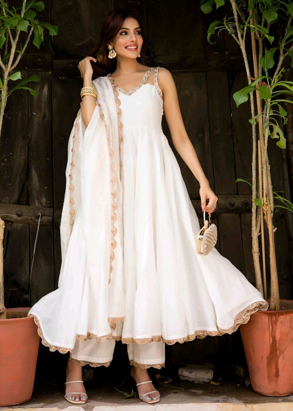 Lace Border Pure Chanderi Silk Anarkali Suit in White - White, S