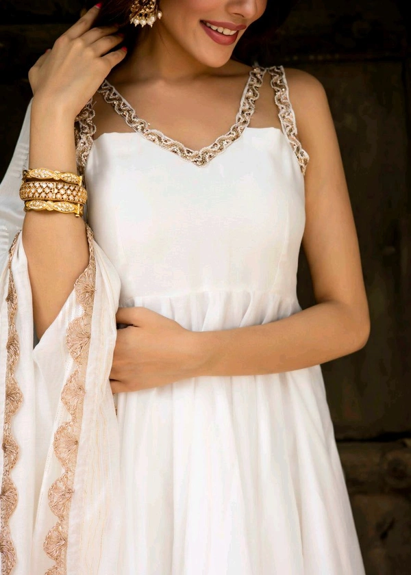 Lace Border Pure Chanderi Silk Anarkali Suit in White - White, S