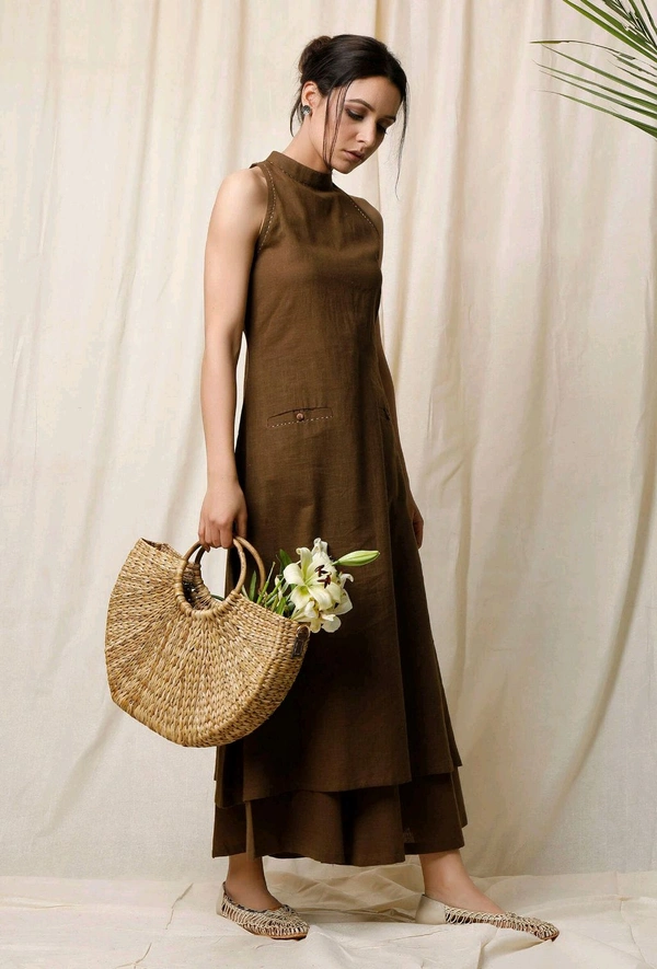 Mehendi Halter Neck Kurta & Cotton Culottes - Irish Coffee, L