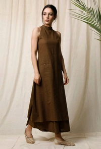 Mehendi Halter Neck Kurta & Cotton Culottes - Irish Coffee, L