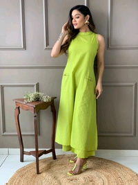 Mehendi Halter Neck Kurta & Cotton Culottes - Wasabi, L