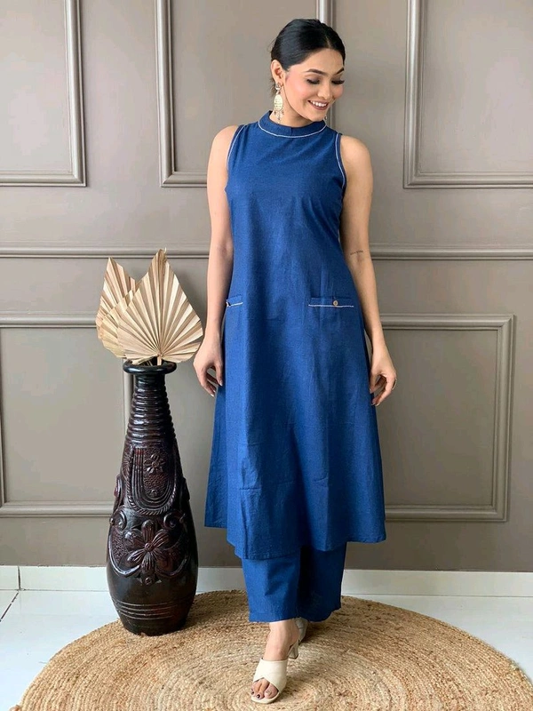 Mehendi Halter Neck Kurta & Cotton Culottes - Chambray, S