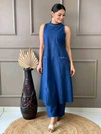 Mehendi Halter Neck Kurta & Cotton Culottes - Chambray, XS