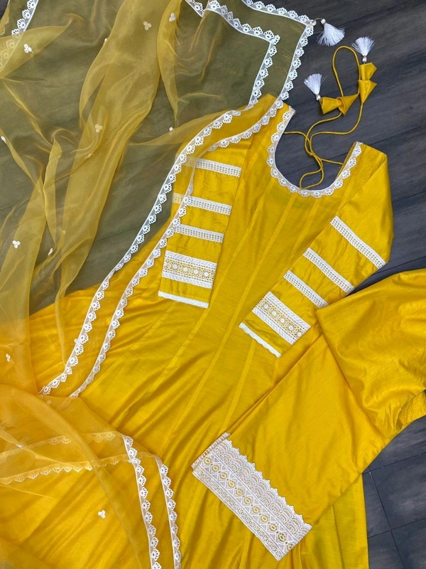 Pooja Hegde in Yellow Chanderi Anarkali Set - Rob Roy, L