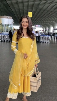 Pooja Hegde in Yellow Chanderi Anarkali Set - Rob Roy, L