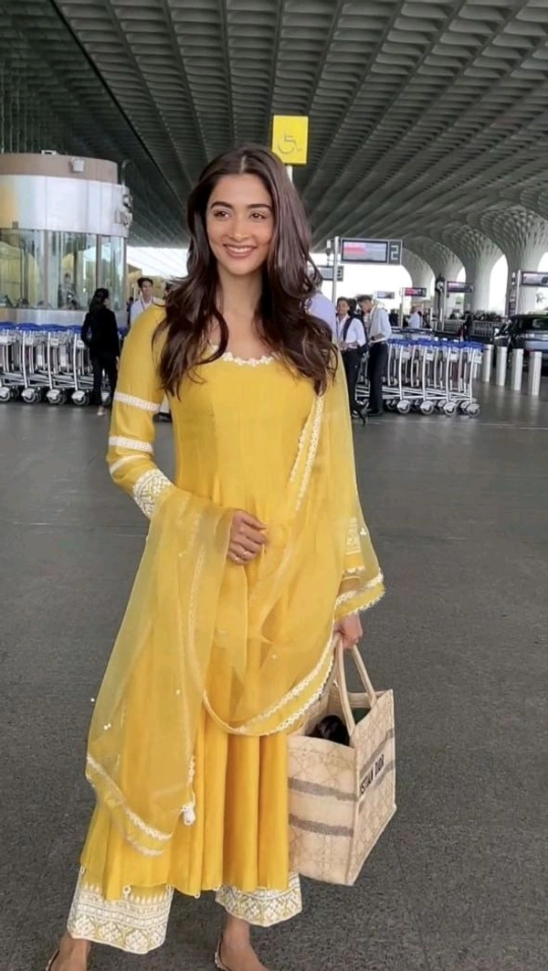 Pooja Hegde in Yellow Chanderi Anarkali Set - Rob Roy, L