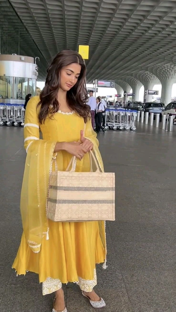 Pooja Hegde in Yellow Chanderi Anarkali Set - Rob Roy, L