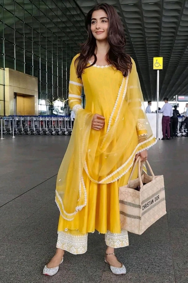 Pooja Hegde in Yellow Chanderi Anarkali Set - Rob Roy, L