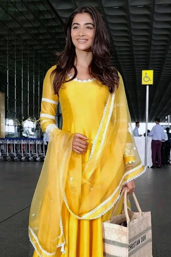Pooja Hegde in Yellow Chanderi Anarkali Set - Rob Roy, L