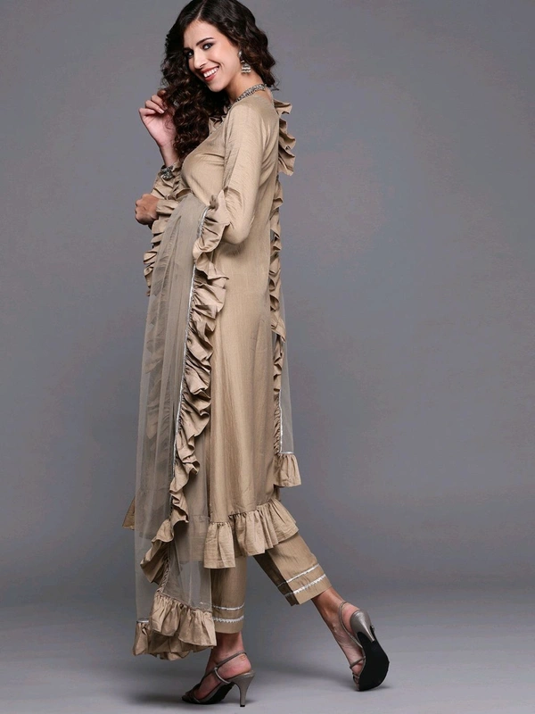 Women Beige Gotta Patti Kurta with Trousers & With Dupatta - Quicksand, 6XL
