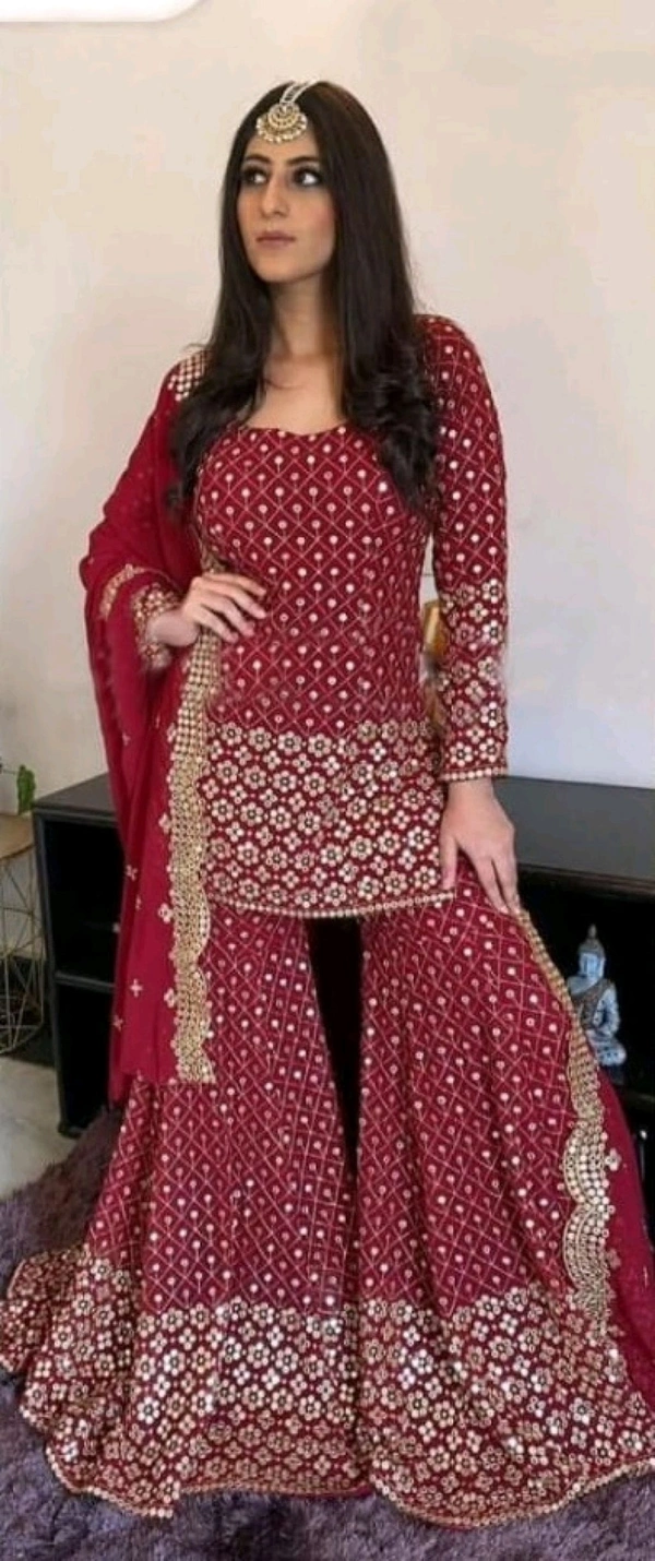 Georgette Embroidered Sharara Dress - maroon, Free Size