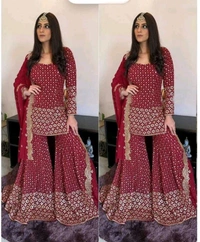 Georgette Embroidered Sharara Dress - maroon, Free Size