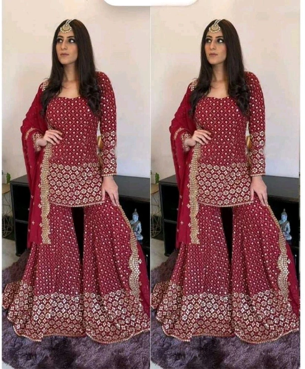 Georgette Embroidered Sharara Dress - maroon, Free Size