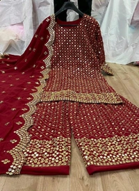 Georgette Embroidered Sharara Dress - maroon, Free Size