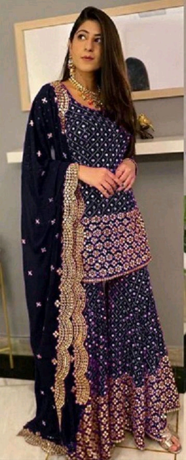 Georgette Embroidered Sharara Dress - Blue, Free Size