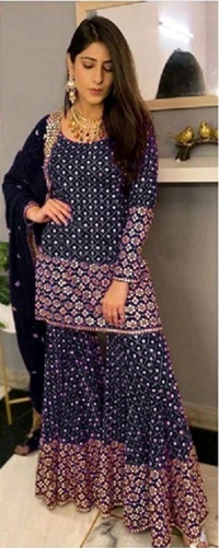 Georgette Embroidered Sharara Dress - Blue, Free Size