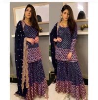 Georgette Embroidered Sharara Dress - Blue, Free Size