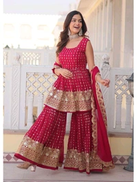 Pinkish Red Georgette Readymade Sharara Suit With Zari Work - Monarch, M