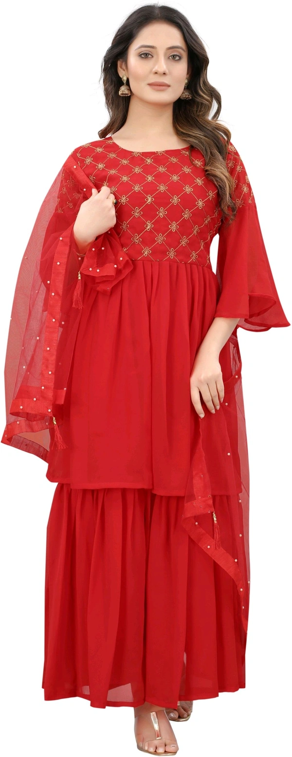 Women Georgette Kurti Sharara Dupatta Set - Red, L