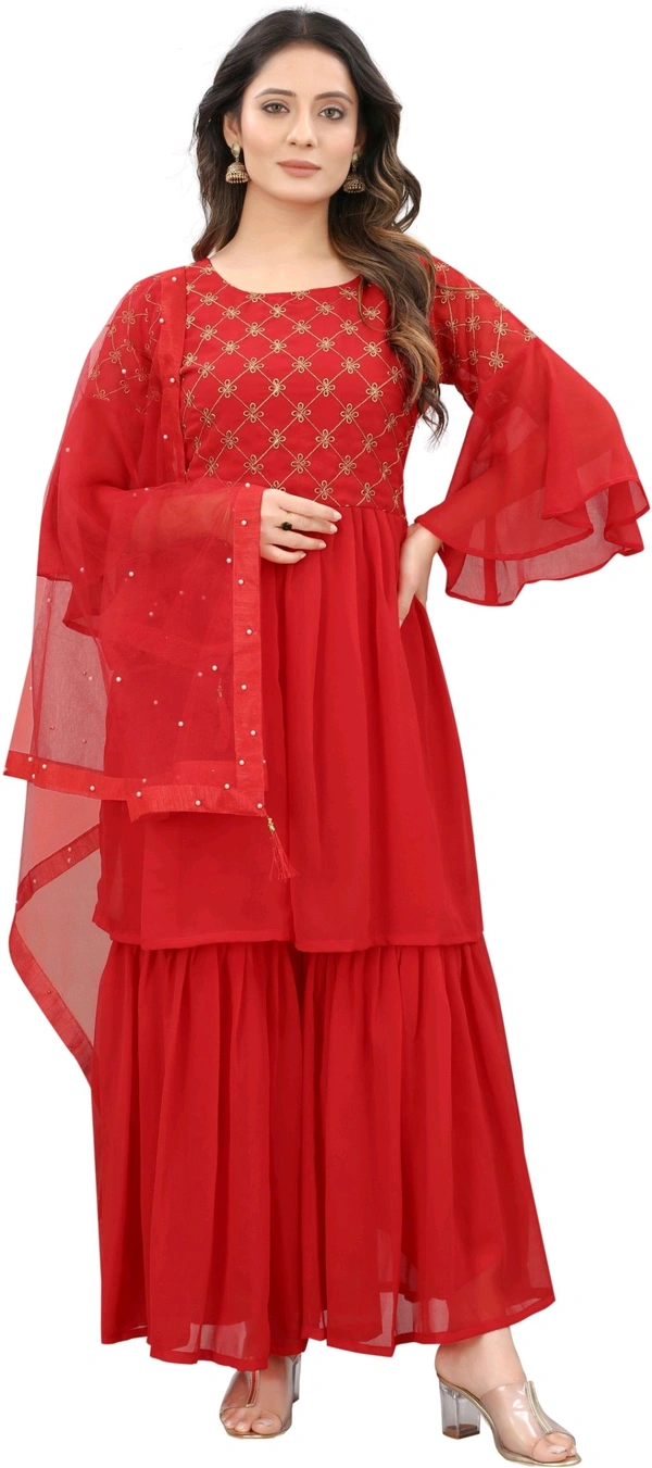 Women Georgette Kurti Sharara Dupatta Set - Red, L