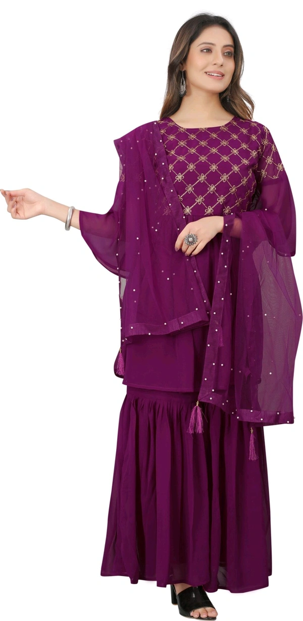 Women Georgette Kurti Sharara Dupatta Set - Plum, L