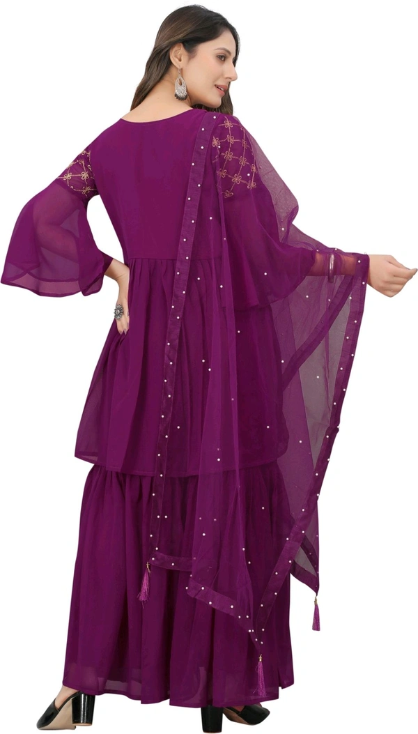 Women Georgette Kurti Sharara Dupatta Set - Plum, L