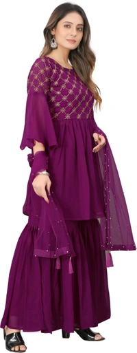 Women Georgette Kurti Sharara Dupatta Set - Plum, L