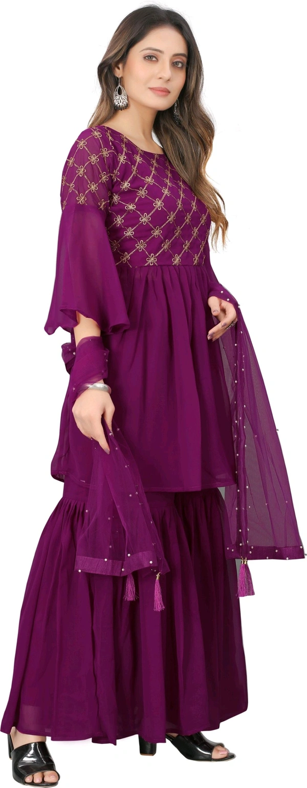 Women Georgette Kurti Sharara Dupatta Set - Plum, L