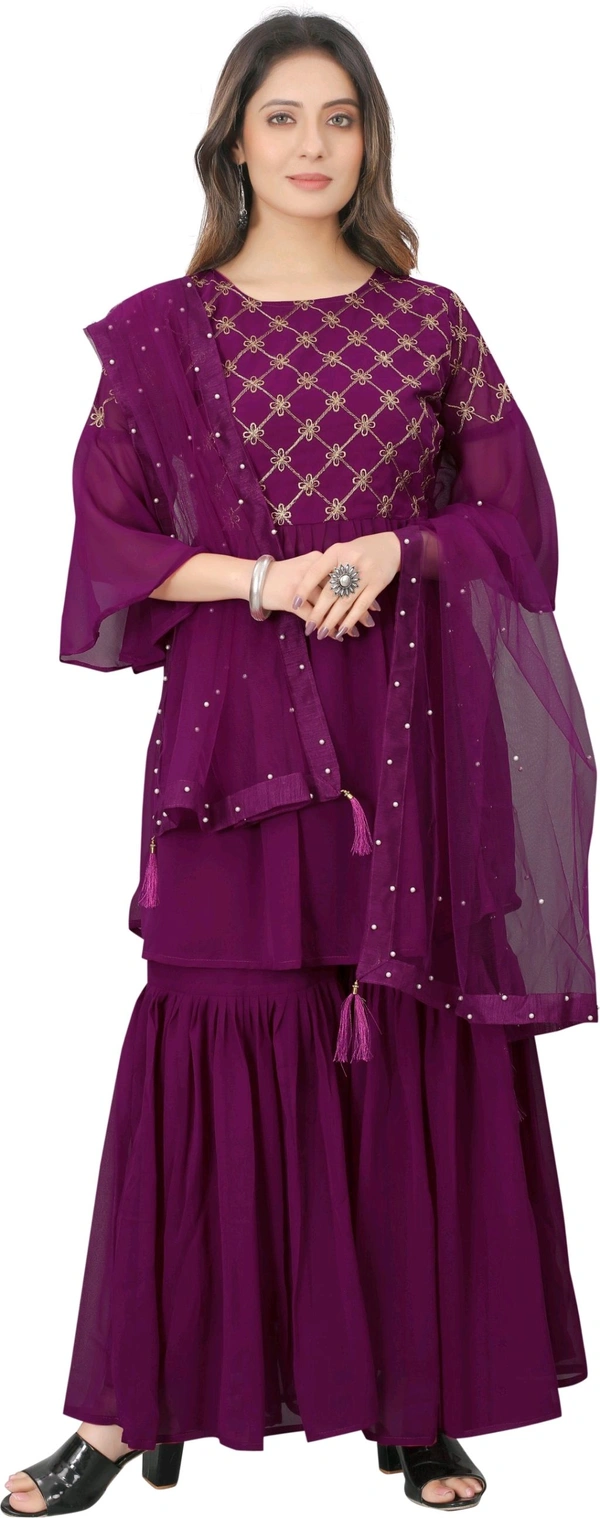 Women Georgette Kurti Sharara Dupatta Set - Plum, L