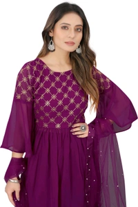 Women Georgette Kurti Sharara Dupatta Set - Plum, L