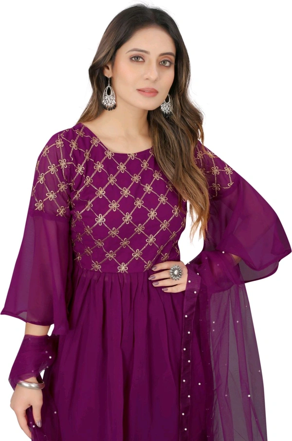 Women Georgette Kurti Sharara Dupatta Set - Plum, L