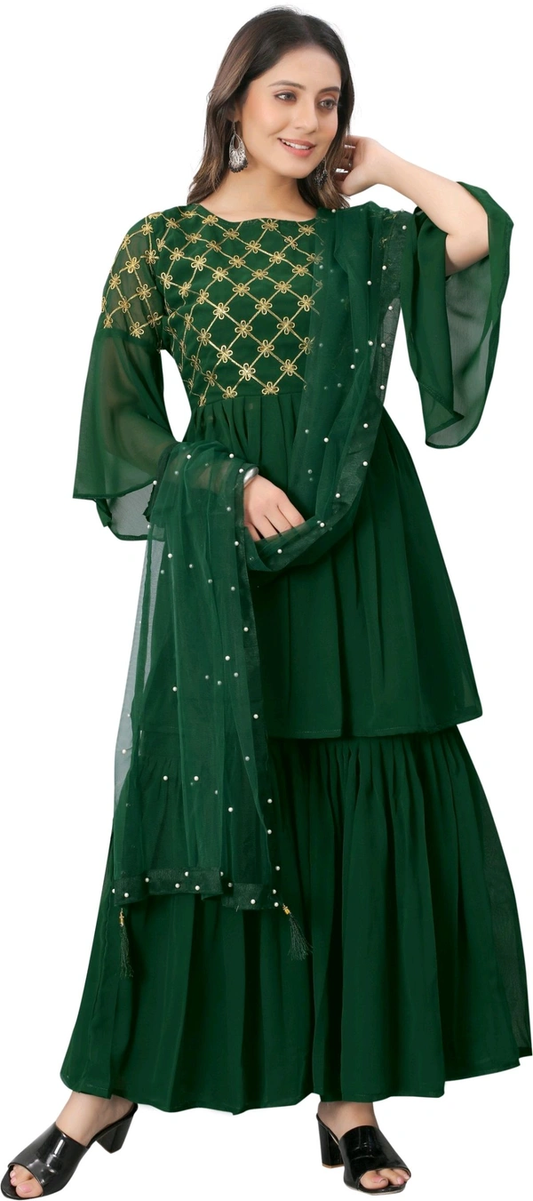 Women Georgette Kurti Sharara Dupatta Set - green, L