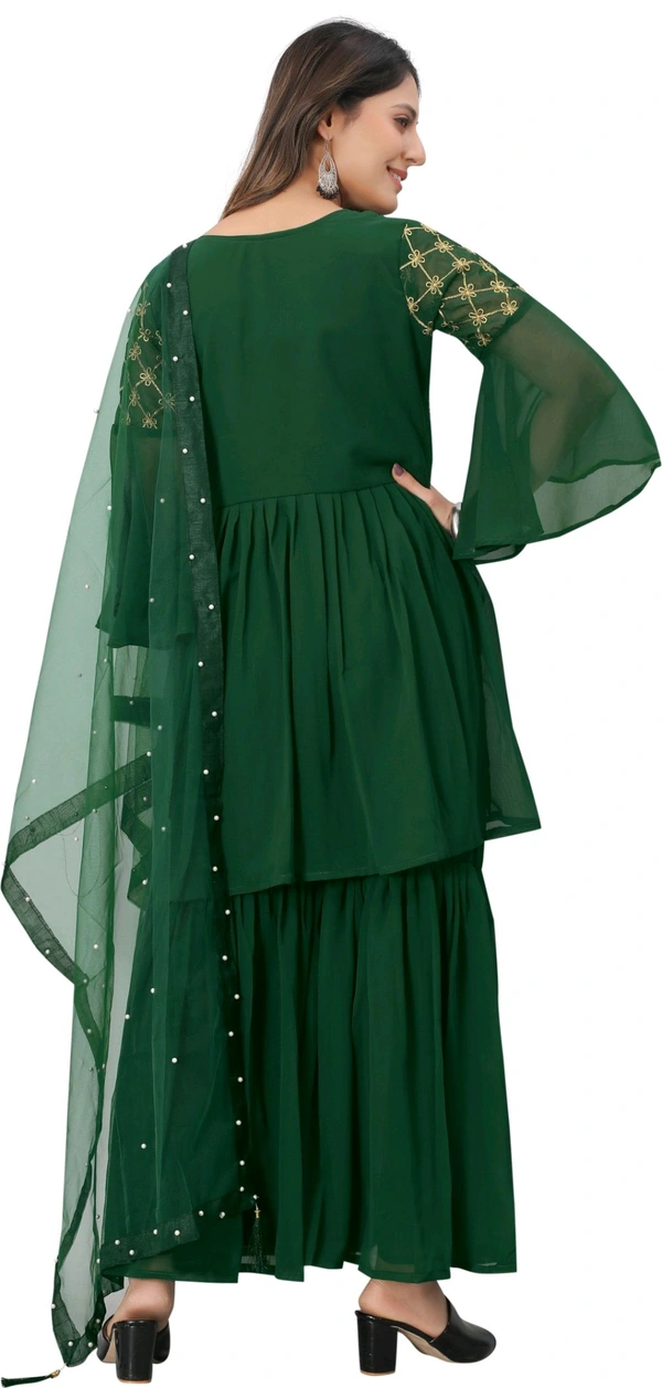 Women Georgette Kurti Sharara Dupatta Set - green, L