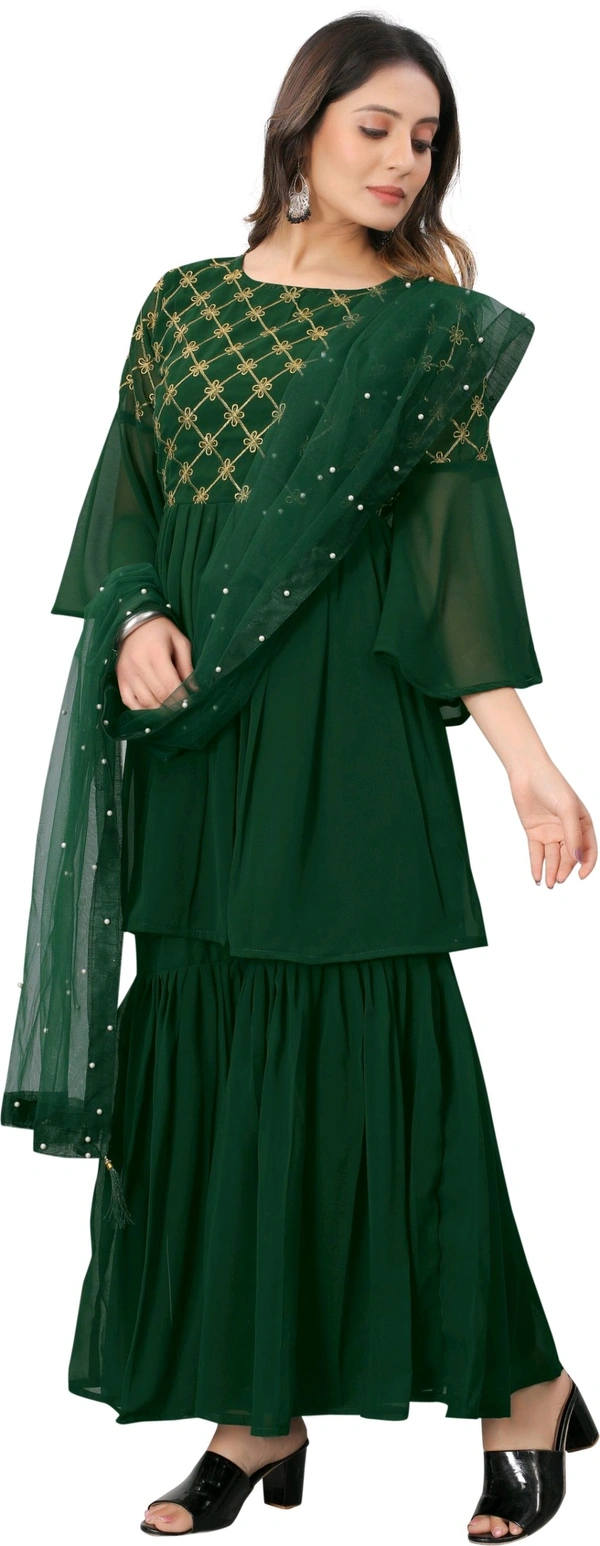 Women Georgette Kurti Sharara Dupatta Set - green, L