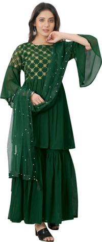 Women Georgette Kurti Sharara Dupatta Set - green, L