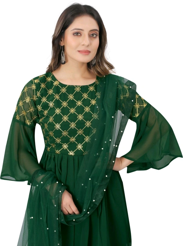 Women Georgette Kurti Sharara Dupatta Set - green, L