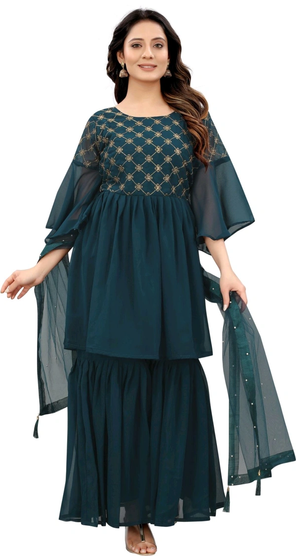 Women Georgette Kurti Sharara Dupatta Set - Rama, S