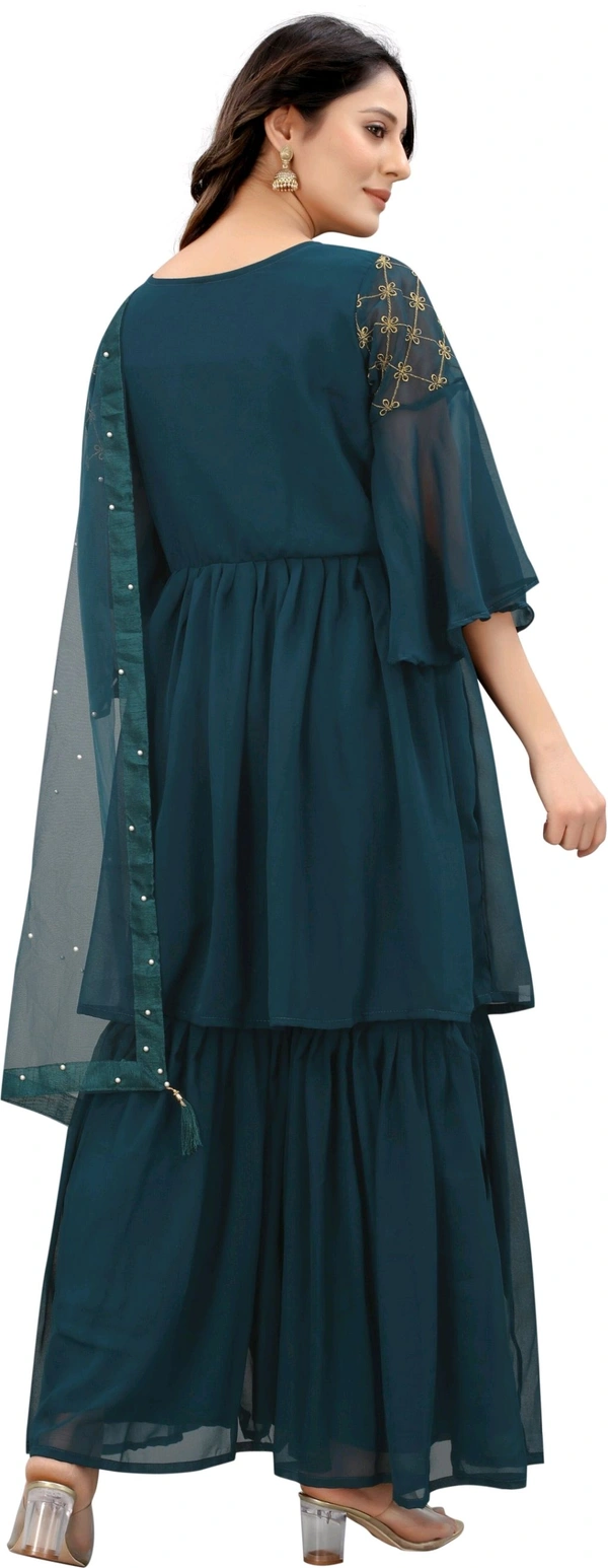 Women Georgette Kurti Sharara Dupatta Set - Rama, S