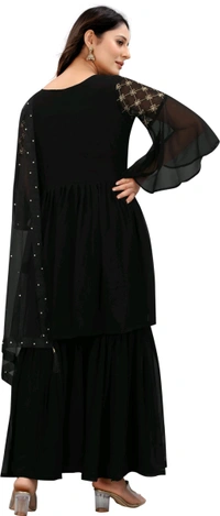 Women Georgette Kurti Sharara Dupatta Set - Black, S