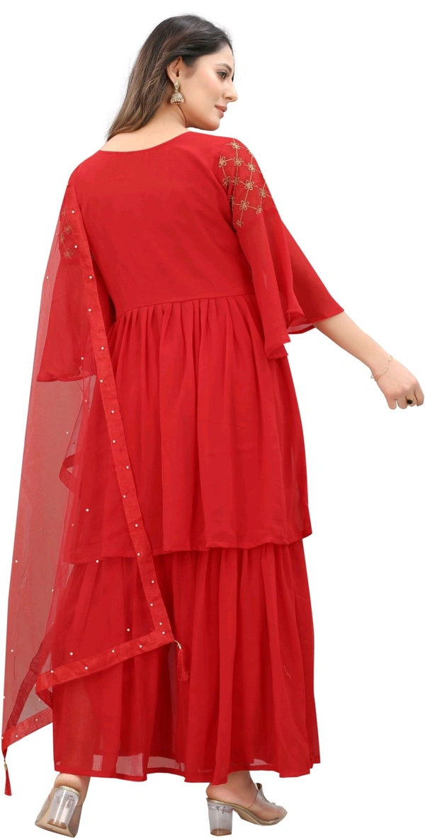 Women Georgette Kurti Sharara Dupatta Set - Red, XS