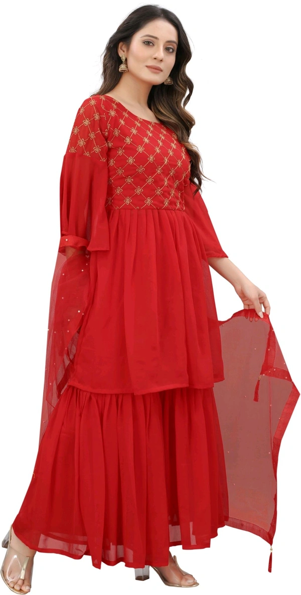 Women Georgette Kurti Sharara Dupatta Set - Red, XS