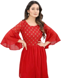 Women Georgette Kurti Sharara Dupatta Set - Red, XS