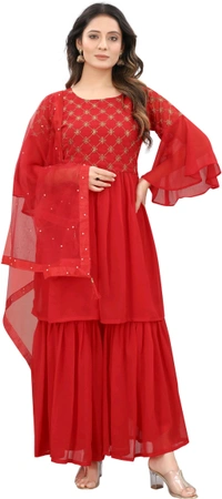 Women Georgette Kurti Sharara Dupatta Set - Red, XS