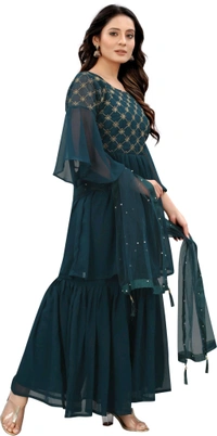 Women Georgette Kurti Sharara Dupatta Set - Rama, 2XL